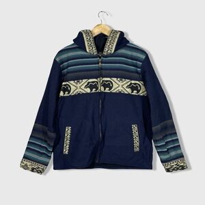Native Sun Full Zip Hoodie Womens Small Blue Wool Blend Bear Striped Boho Baja